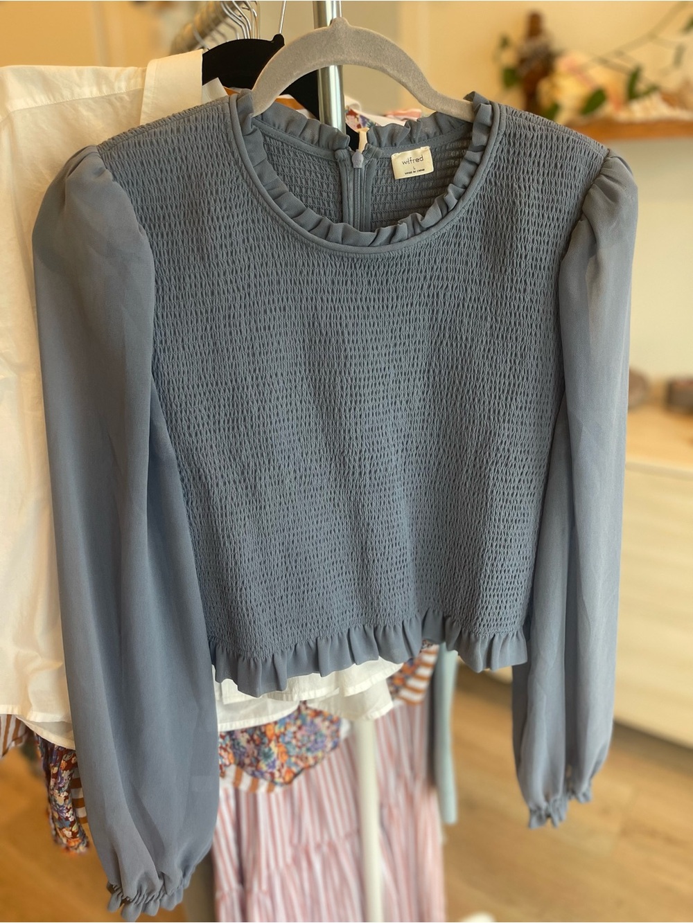 Aritzia Wilfred Smocked Ruffle-Trim Sheer Sleeve Blouse - Dusty Blue